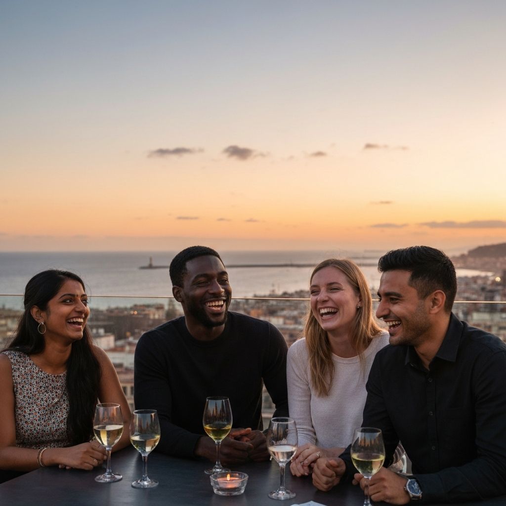 Friends at rooftop bar in Barcelona